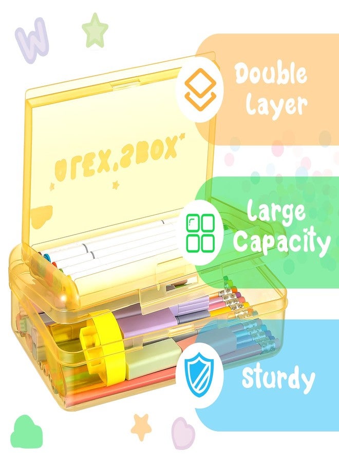 Fainne Double Layer Pencil Box with 3 Sheet Stickers Large Capacity Plastic Pencil Case Back to School Supplies Hard Shell Crayon Box Organizer for Gel Pens Erasers Sew Art Craft Supplies (Yellow) - Image 4