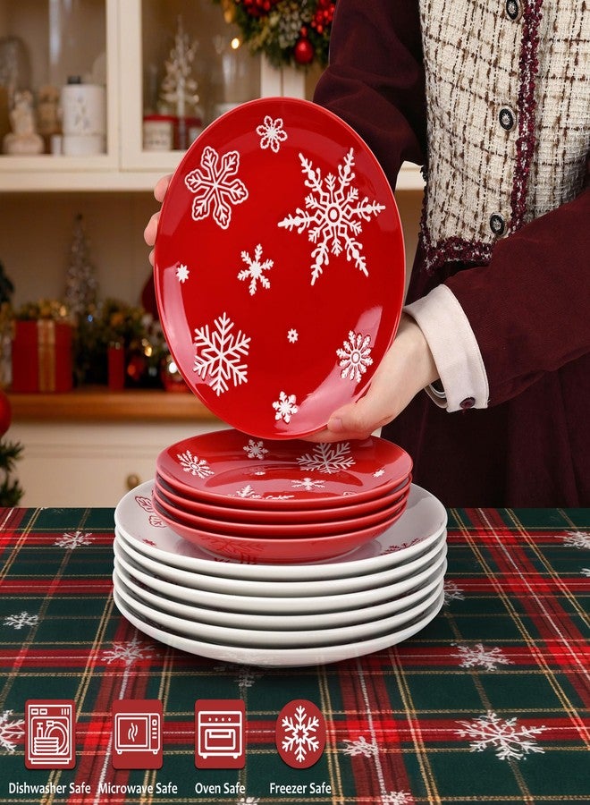 Ollieroo 4 Pieces Ceramic Christmas Salad Plates Set, 8 Inch White Red Snowflake Xmas Holiday Porcelain Side Appetizer Dishes Serving Dessert Plates Set, Microwave and Dishwasher Safe - Image 3