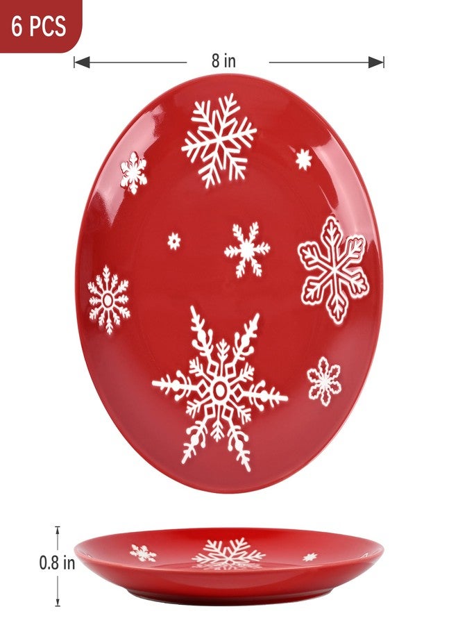 Ollieroo 4 Pieces Ceramic Christmas Salad Plates Set, 8 Inch White Red Snowflake Xmas Holiday Porcelain Side Appetizer Dishes Serving Dessert Plates Set, Microwave and Dishwasher Safe - Image 2
