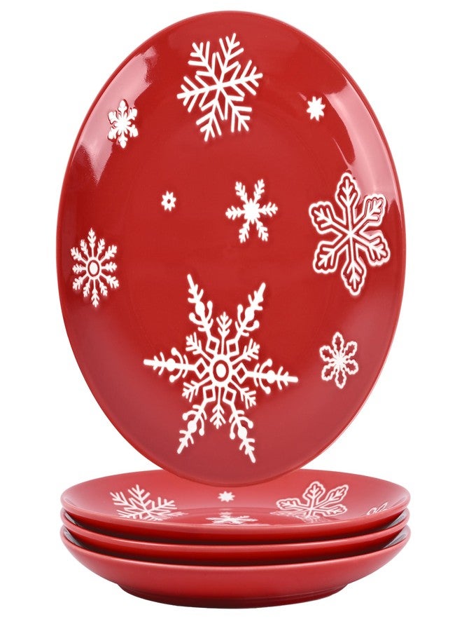 Ollieroo 4 Pieces Ceramic Christmas Salad Plates Set, 8 Inch White Red Snowflake Xmas Holiday Porcelain Side Appetizer Dishes Serving Dessert Plates Set, Microwave and Dishwasher Safe - Image 1