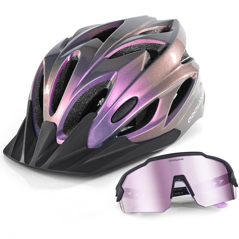Odoland Bike Helmet with Cycling Sunglasses, Adjustable Size Adult Cycling Helmets for Men Women Road Bike Mountain Ebike, Lilac - Image 1