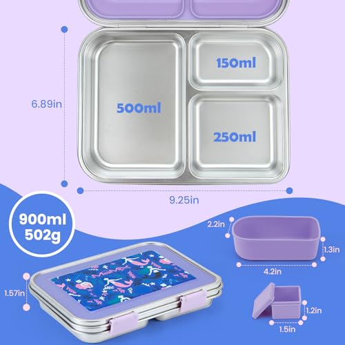 MaMix Kids Lunch Box Stainless Steel,3 Compartments Leak-Proof Bento Box for Kids for Sandwich, Lunch Containers Freezer Safe (purple) - Image 2