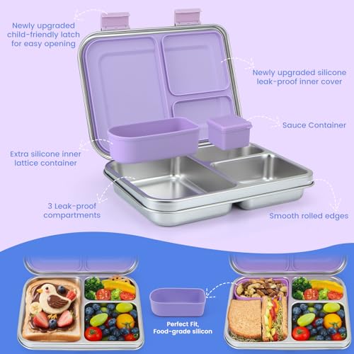 MaMix Kids Lunch Box Stainless Steel,3 Compartments Leak-Proof Bento Box for Kids for Sandwich, Lunch Containers Freezer Safe (purple) - Image 4