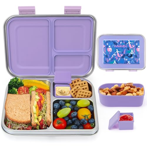 MaMix Kids Lunch Box Stainless Steel,3 Compartments Leak-Proof Bento Box for Kids for Sandwich, Lunch Containers Freezer Safe (purple) - Image 1