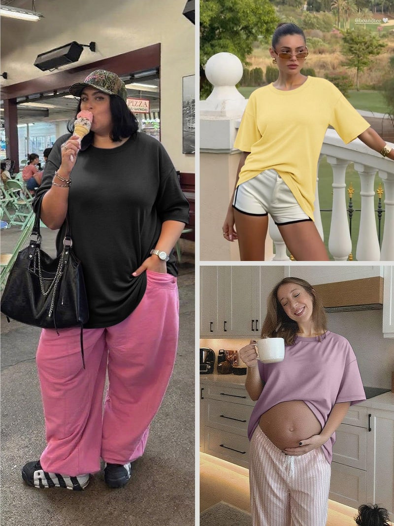 ATHMILE Womens Oversized T Shirts Loose Fit Crewneck Short Sleeve Tops Summer Casual Blouse Y2K 2025 Basic Tee Beach Khaki - Image 5