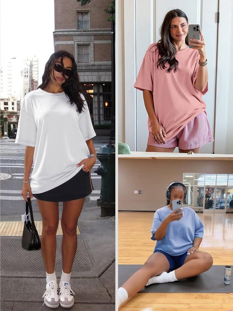 ATHMILE Womens Oversized T Shirts Loose Fit Crewneck Short Sleeve Tops Summer Casual Blouse Y2K 2025 Basic Tee Beach Khaki - Image 2