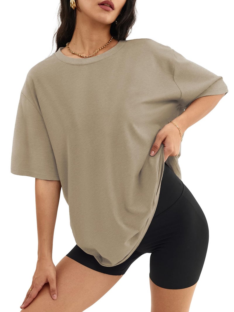 ATHMILE Womens Oversized T Shirts Loose Fit Crewneck Short Sleeve Tops Summer Casual Blouse Y2K 2025 Basic Tee Beach Khaki - Image 1