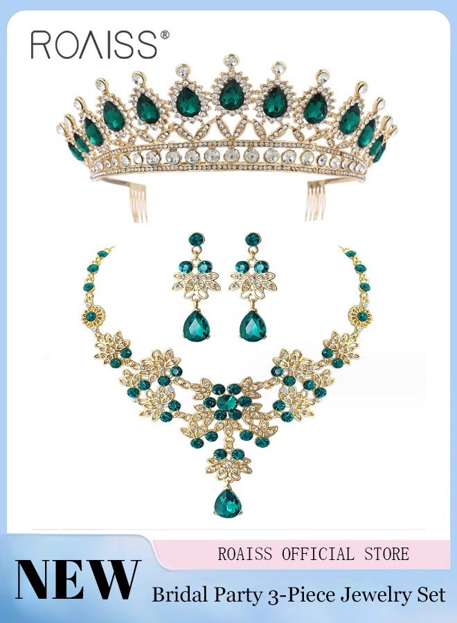 roaiss طقم مجوهرات حفلات الزفاف مكون من 3 قطع مكون من أحجار كريمة خضراء على شكل تاج - Image 1