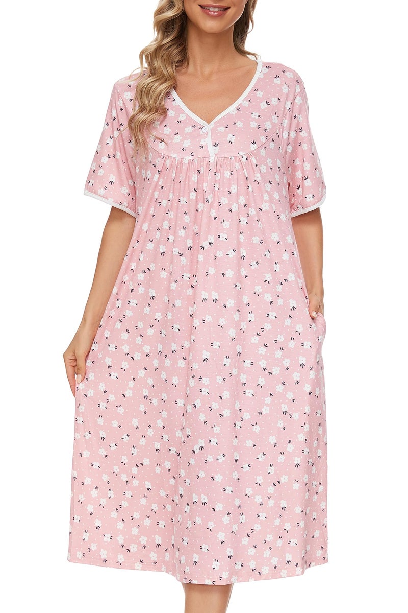 AVIIER Nightgows for Women Soft Cotton Night Shirts Short Sleeve Sleepwear with Pockets (Pink Flower 2, XX-Large) - Image 2