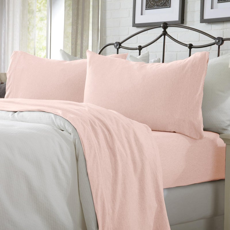 Great Bay Home Great Bay Home Cotton Jersey Knit Queen Sheet Set - Ultra-Soft  Stretchy  Heathered Melange Blush Pink Bed Sheets - Cozy  Soft T-Shirt Sheet & Pillowcase Set  - Image 1