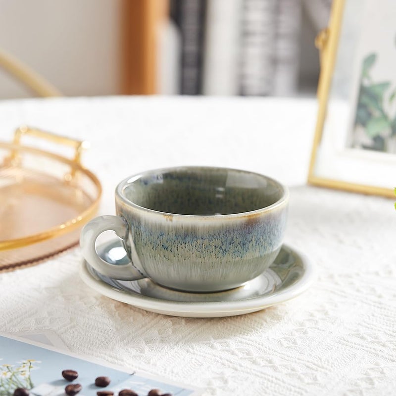 Coffeezone Vintage Design 12 oz Ceramic Latte Art Cappuccino Barista Cup with Saucer (Space Grey) - Image 2