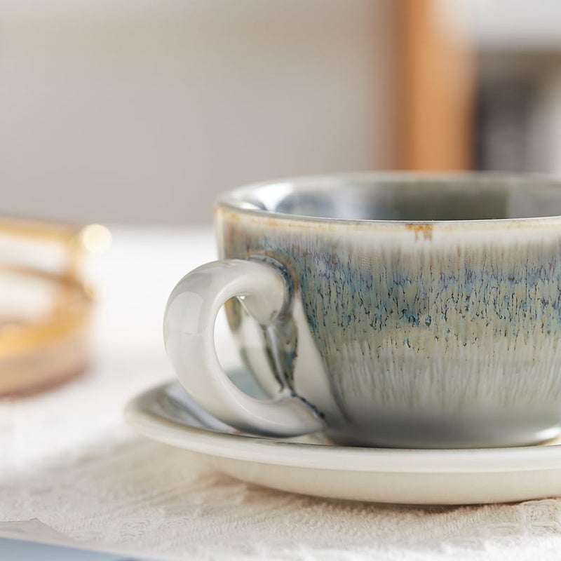 Coffeezone Vintage Design 12 oz Ceramic Latte Art Cappuccino Barista Cup with Saucer (Space Grey) - Image 3