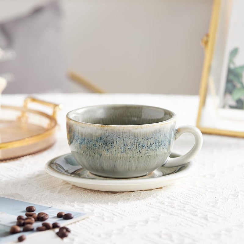 Coffeezone Vintage Design 12 oz Ceramic Latte Art Cappuccino Barista Cup with Saucer (Space Grey) - Image 4