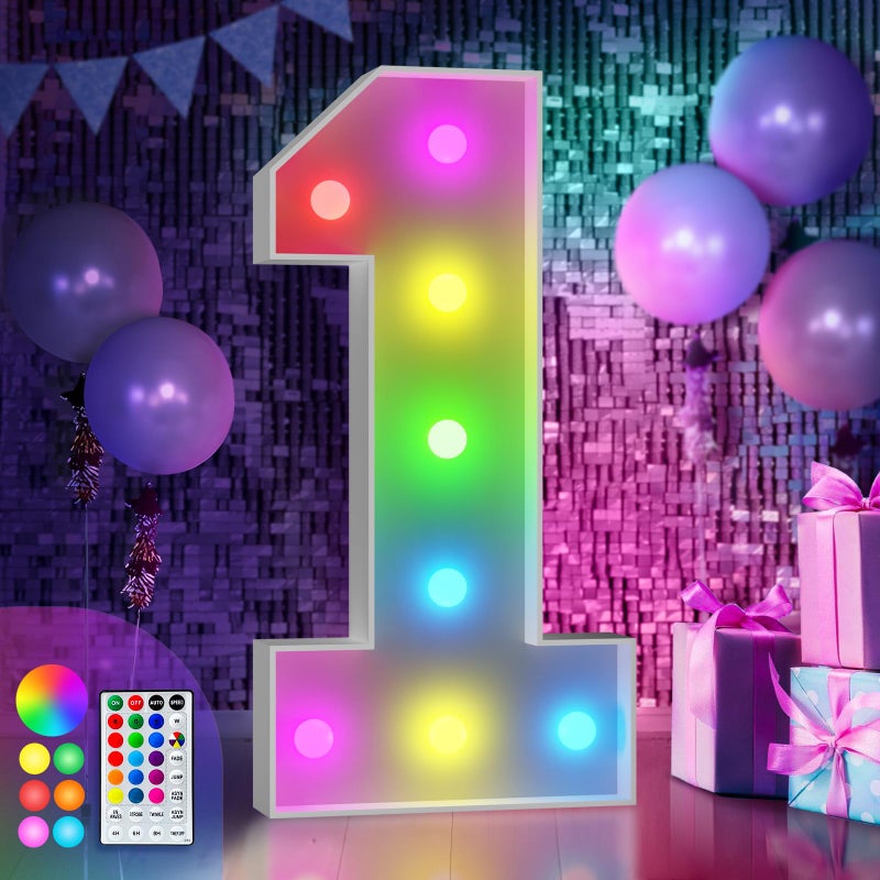 imprsv 3FT Colorful Marquee Numbers18 Colors Number 1 with Remote Light Up Numbers Sign for 1st Birthday Decorations Anniversary Party Decor PreCut Foam Board Kit Mosaic Sign for Balloon