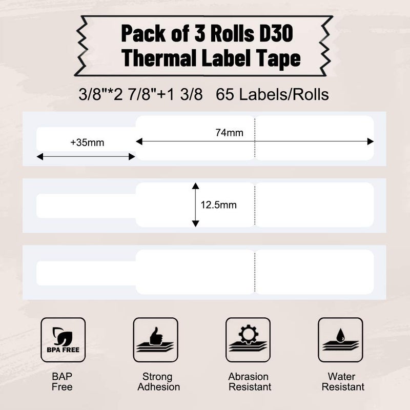 Phomemo D30 Label Maker Tape Cable Wire Label Tape, Black Print on White Sticker, 12.5mm x 74mm+35mm (3/8" x2 7/8"+1 3/8) Self-Adhesive Thermal Label Tape, 65 Tapes/Roll, 3-Roll - Image 2