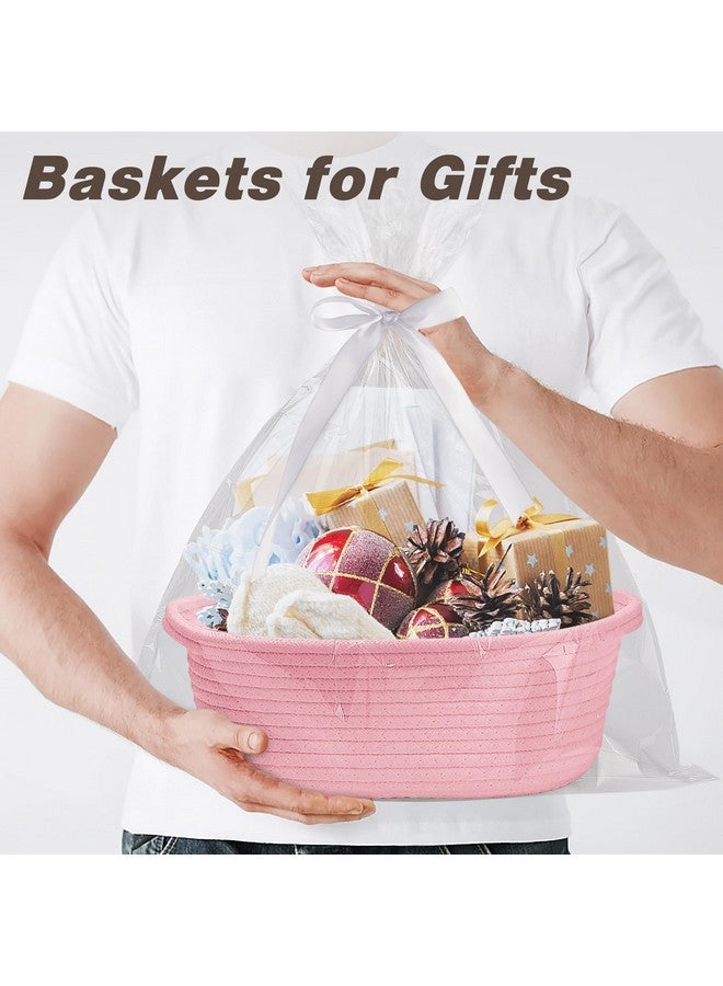 برو غوليم سلة برو جوليم صغيرة منسوجة مع أكياس هدايا وشرائط، سلال متينة للهدايا، سلة حبل صغيرة فارغة للتخزين، سلة ألعاب أطفال بمقابض، مقاس 12 × 8 × 5 بوصة، لون وردي - Image 1