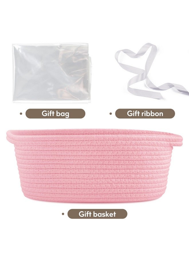 برو غوليم سلة برو جوليم صغيرة منسوجة مع أكياس هدايا وشرائط، سلال متينة للهدايا، سلة حبل صغيرة فارغة للتخزين، سلة ألعاب أطفال بمقابض، مقاس 12 × 8 × 5 بوصة، لون وردي - Image 2
