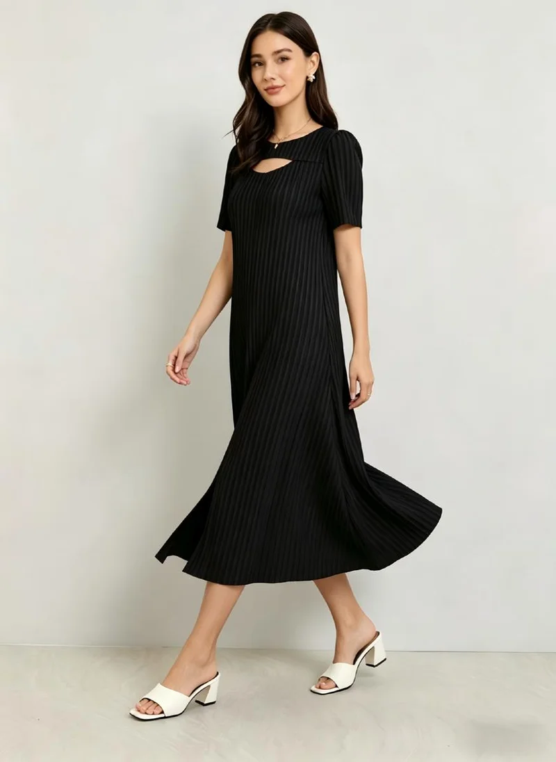 Take Two Black Short Sleeves Pleated A-Line Midi Dress