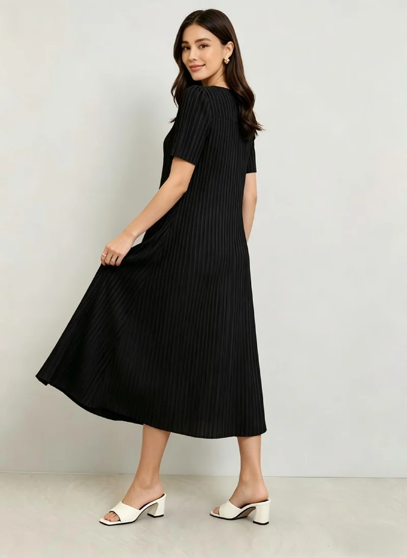 Take Two Black Short Sleeves Pleated A-Line Midi Dress