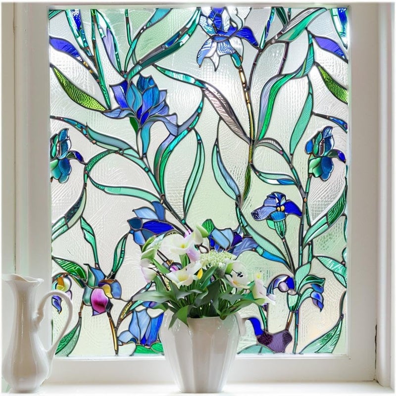 Stained Glass Window Privacy Film 3D Decorative Window Cling UV Heat Blocking Floral Windows Cover Static Cling No Adhesive Reusable Design for Home Blue 175 x 394