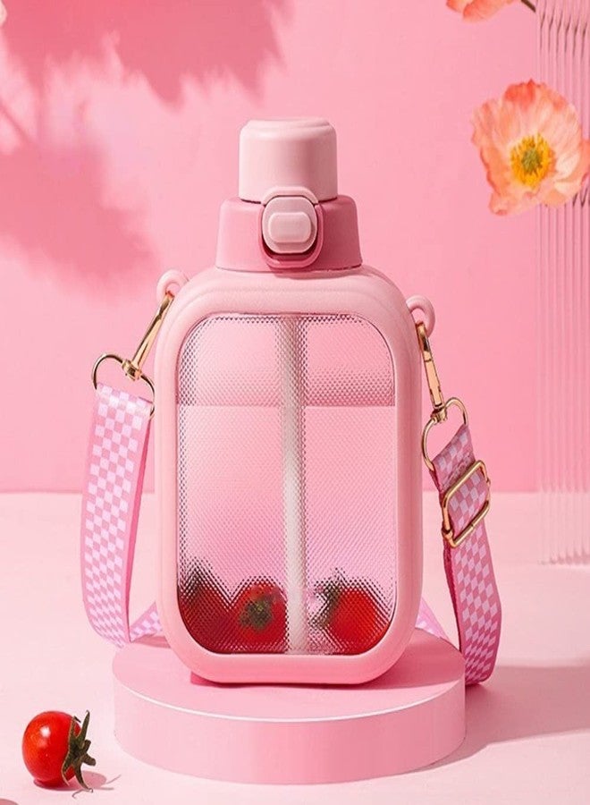 NUFR 24 Oz Square Transparent Water Bottle, Cute Portable Travel Canteen with Adjustable Strap 700ml (Pink) - Image 1