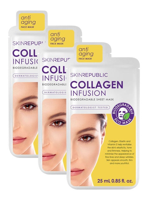 Anti-Aging Face Mask Sheet (3 Masks) - Collagen Infused Serum with Elastin & Vitamin E, Reduces Wrinkles, Improves Skin Texture, Hydrates & Revitalizes, Younger-Looking Skin After One Use