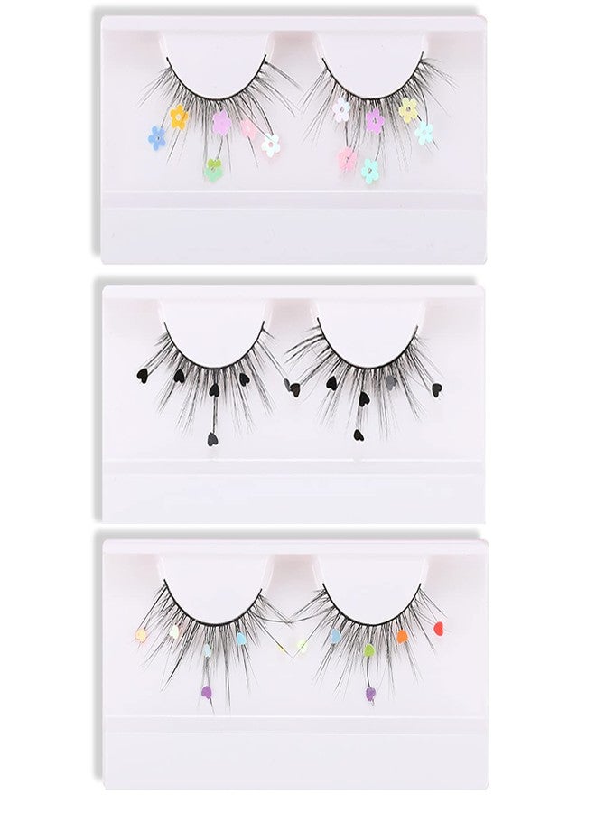 Skynest False Eyelashes, Dramatic Glitter Sequin Lashes with Colorful Heart/Black Heart/Colorful Flower Makeup DIY Lashes Decorative for New Year Christmas Halloweens Cosplay Party(3 Pairs) - Image 1