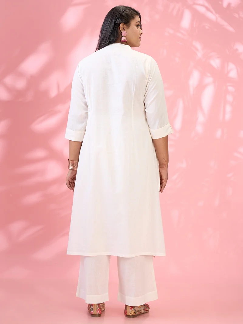 globus Gloplus Women Off White Embroidered Yoke Mandarin Collar Roll Up Sleeves Pleated Plus Size A-Line Kurta With Pants Set