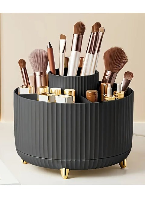 1pc LuxeCraft 360° Rotating Makeup Brush Holder, Large Capacity 5-Compartment Cosmetic Organizer, Multi-Functional Desk Storage for Lipsticks, Pens, Stationery, Durable Plastic, Polished Finish, Unisex-Adult, No Installation Required, Unscented