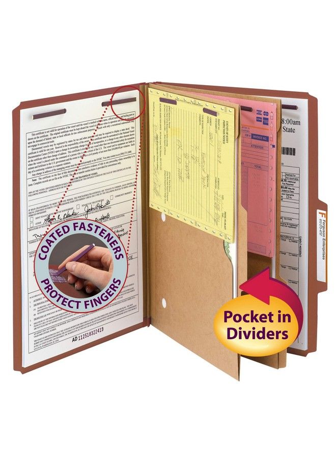 Smead Pressboard Classification File Folder With Safeshield Fasteners 2 Pocket Dividers 2" Expansion Legal Size Red 10 Per Box (19079)  - Image 3