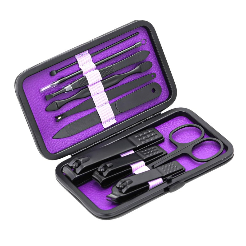 Glamne Manicure Set Nail Clippers Kit Professional Stainless Steel Nail Care Tools with Leather Travel Case 10 in 1 Purple - Image 2
