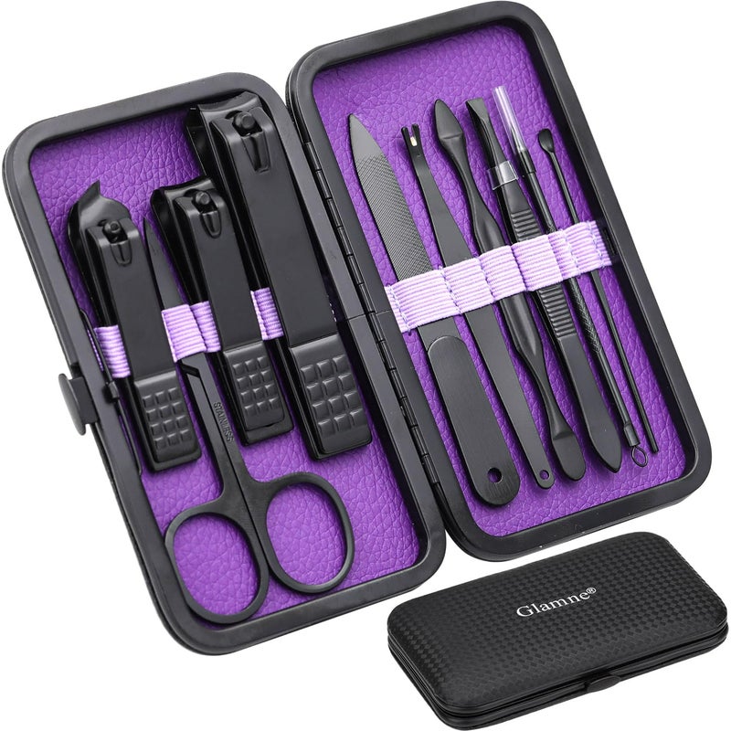 Glamne Manicure Set Nail Clippers Kit Professional Stainless Steel Nail Care Tools with Leather Travel Case 10 in 1 Purple - Image 1