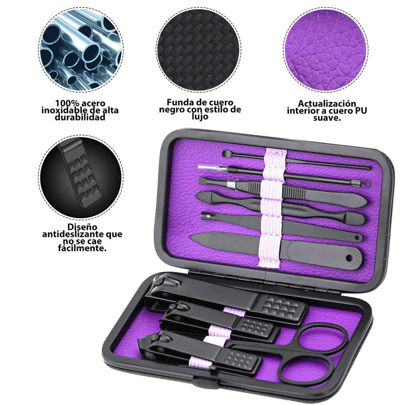 Glamne Manicure Set Nail Clippers Kit Professional Stainless Steel Nail Care Tools with Leather Travel Case 10 in 1 Purple - Image 3