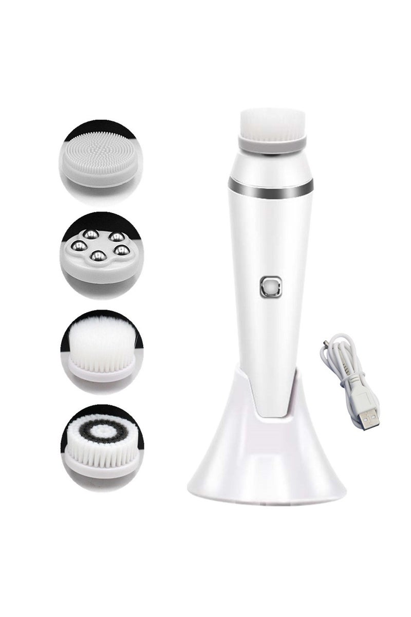 فرشاة تنظيف الوجه الكهربائية 4 في 1، فرشاة تنظيف الوجه القابلة لإعادة الشحن لتقشير لطيف وتنظيف عميق وتدليك الوجه (أبيض)