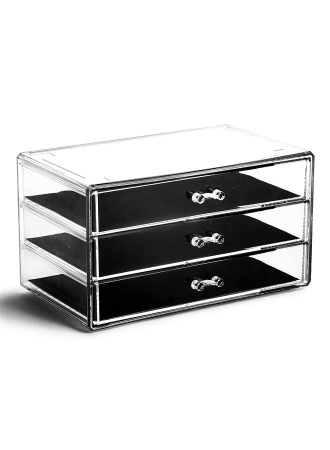 BINO منظم مكياج بـ 3 أدراج، بارك أفينيو | سلسلة مانهاتن | أدراج تخزين بتصميم معياري | منظمات أكريليك للزينة | صناديق تخزين قابلة للتكديس | منظمات مكياج وتخزين شفافة