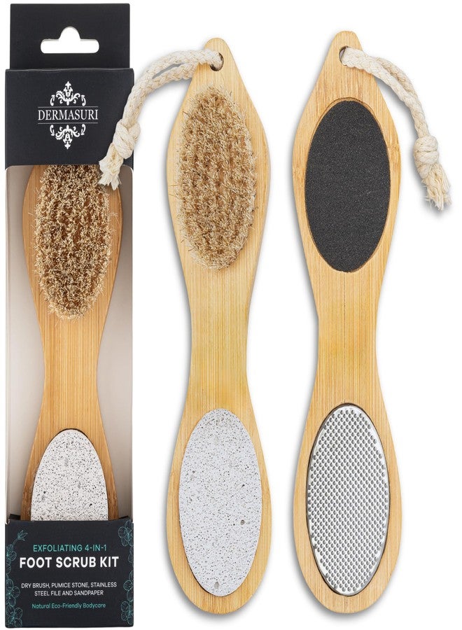 Dermasuri - 4 in 1 Exfoliating Foot Scrub Kit - Multi Purpose Foot Care - Natural Bamboo Pedicure Foot Spa Kit - Pumice Stone Callus Remover - Stainless Steel File, Sand Paper Surface, & Dry Brush - Image 1