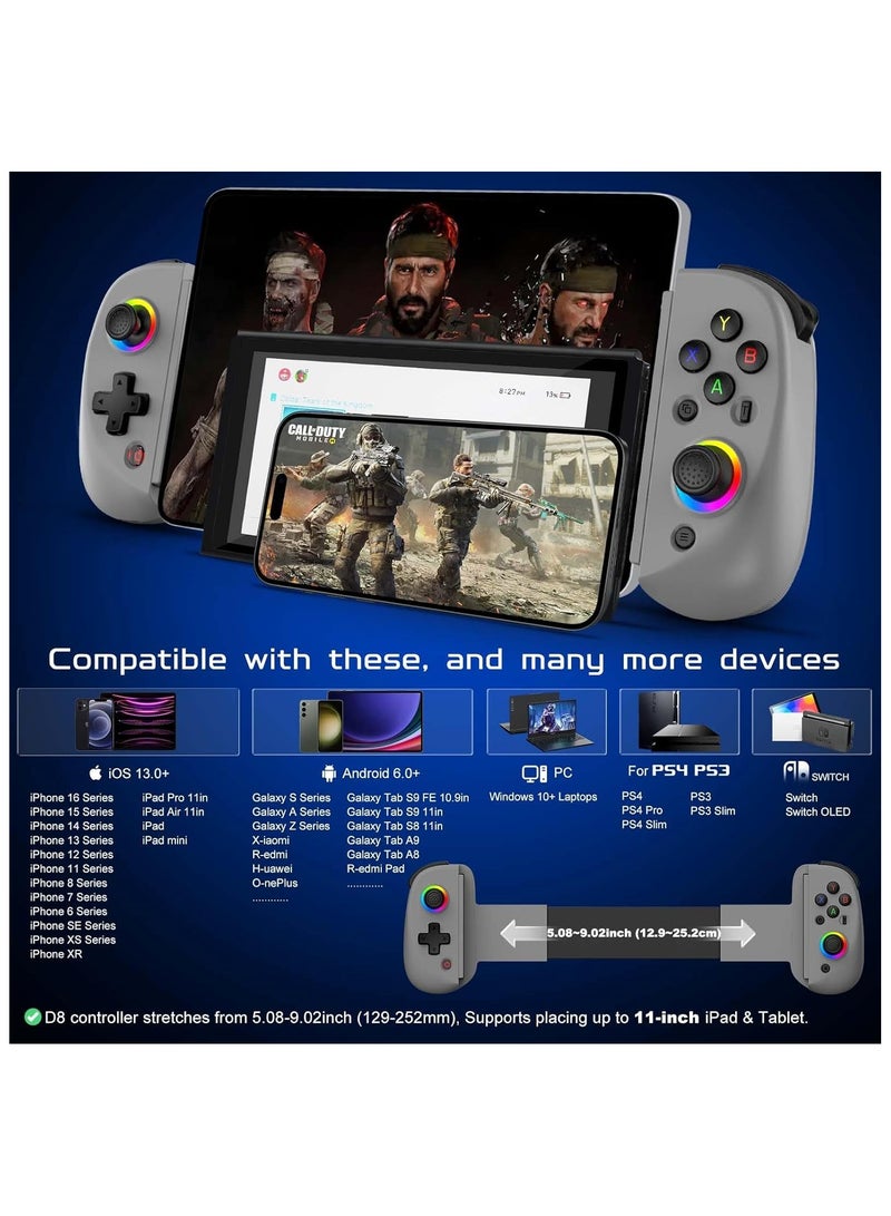 وحدة تحكم ألعاب موبايل D8 لـ iPhone/Android/iPad/Tablet، تشغل Xbox Cloud، بلاي ستيشن ريموت بلاي، ستيم/PC، سويتش! عصا تحكم RGB هول/زناد وحدة تحكم ألعاب بالبلوتوث اللاسلكي للهاتف - Image 3