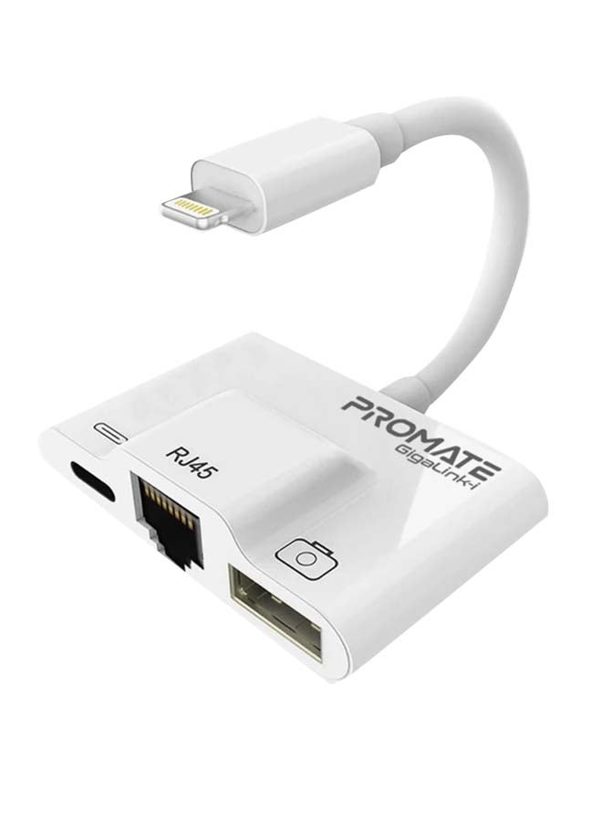 بروميت موزع جيجا لينك-آي بمنفذ USB، ‏3 في 1 بمنفذ RJ45 لتوصيل شبكة LAN سلكية بتقنية الإيثرنت مع محول بمنفذ USB OTG للكاميرات ومحول بمنفذ شحن ومزامنة بيانات بمخرج قدرته 2 أمبير لأجهزة آيفون XS بلس/ آي باد/ آي باد برو أبيض - Image 1