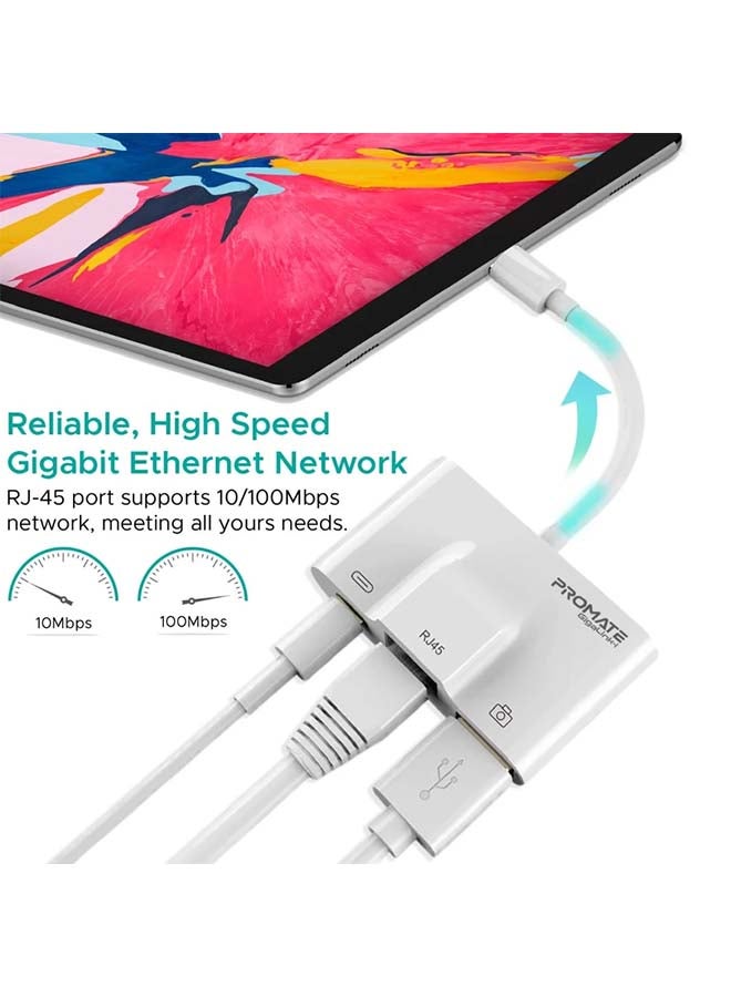بروميت موزع جيجا لينك-آي بمنفذ USB، ‏3 في 1 بمنفذ RJ45 لتوصيل شبكة LAN سلكية بتقنية الإيثرنت مع محول بمنفذ USB OTG للكاميرات ومحول بمنفذ شحن ومزامنة بيانات بمخرج قدرته 2 أمبير لأجهزة آيفون XS بلس/ آي باد/ آي باد برو أبيض - Image 2