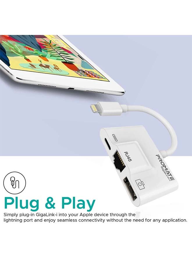 بروميت موزع جيجا لينك-آي بمنفذ USB، ‏3 في 1 بمنفذ RJ45 لتوصيل شبكة LAN سلكية بتقنية الإيثرنت مع محول بمنفذ USB OTG للكاميرات ومحول بمنفذ شحن ومزامنة بيانات بمخرج قدرته 2 أمبير لأجهزة آيفون XS بلس/ آي باد/ آي باد برو أبيض - Image 3