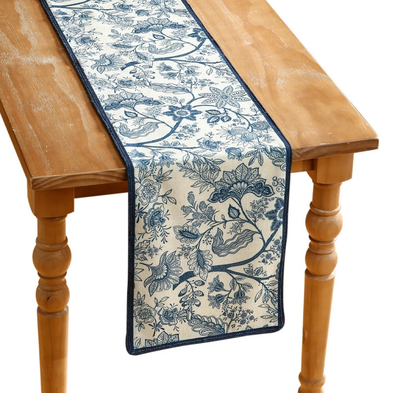 ISAENNE Designer Chinoiserie Elegant Linen Table Runner 102 Inches Long,Blue Floral Pattern Decor Table Runners for Thanksgiving,Dining Room,Banquet,Kitchen Tables,Christmas,12"*102"-Ruyi B - Image 1