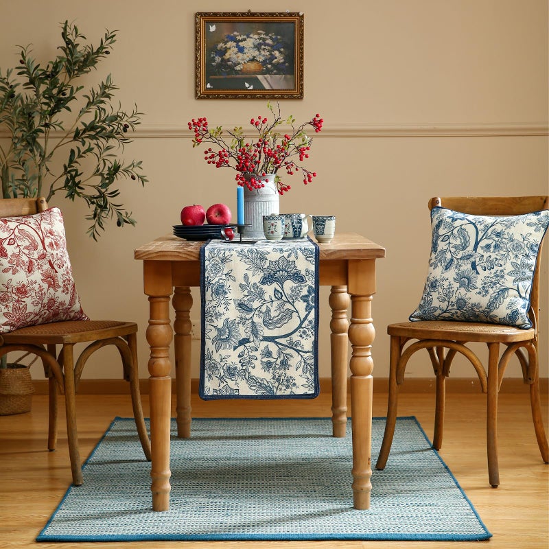 ISAENNE Designer Chinoiserie Elegant Linen Table Runner 102 Inches Long,Blue Floral Pattern Decor Table Runners for Thanksgiving,Dining Room,Banquet,Kitchen Tables,Christmas,12"*102"-Ruyi B - Image 3