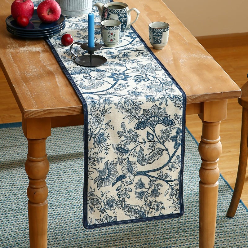 ISAENNE Designer Chinoiserie Elegant Linen Table Runner 102 Inches Long,Blue Floral Pattern Decor Table Runners for Thanksgiving,Dining Room,Banquet,Kitchen Tables,Christmas,12"*102"-Ruyi B - Image 2