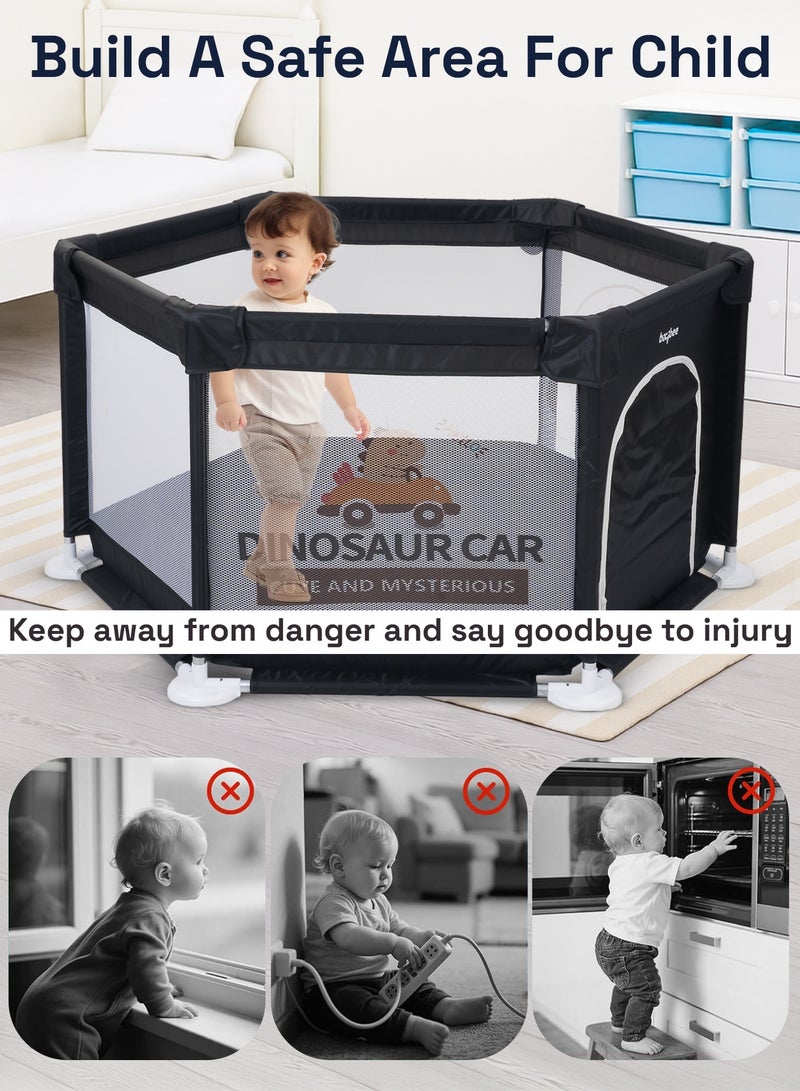 Baybee Neo Kids Playpen for Babies | Baby Playards with Zipper Lock & Corner Protection | Infant Indoor And Outdoor Kids Activity Center | Foldable Baby Play Area Indoor Setup Baby Playpen Fence with Hexagon shape for Extra Space | Outdoor Play Pen for Baby up to 5 Years Black - Image 3