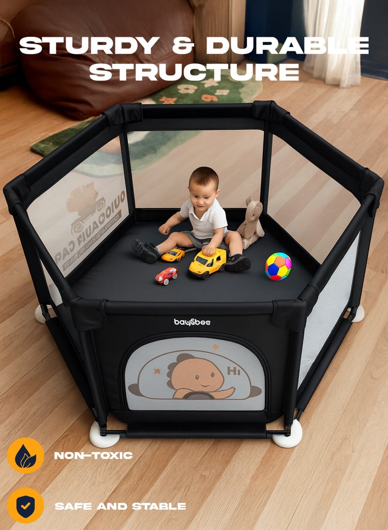 Baybee Neo Kids Playpen for Babies | Baby Playards with Zipper Lock & Corner Protection | Infant Indoor And Outdoor Kids Activity Center | Foldable Baby Play Area Indoor Setup Baby Playpen Fence with Hexagon shape for Extra Space | Outdoor Play Pen for Baby up to 5 Years Black - Image 5