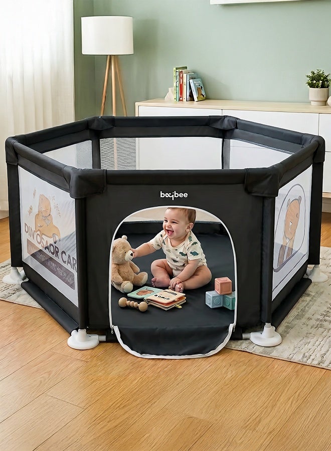 Baybee Neo Kids Playpen for Babies | Baby Playards with Zipper Lock & Corner Protection | Infant Indoor And Outdoor Kids Activity Center | Foldable Baby Play Area Indoor Setup Baby Playpen Fence with Hexagon shape for Extra Space | Outdoor Play Pen for Baby up to 5 Years Black - Image 1
