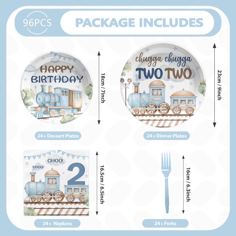 Grencian 96Pcs Chugga Chugga Two Two Birthday Party Decorations Watercolor Train 2nd Paper Plates Retro Blue Disposable Choo Choo I'm 2 Tableware Set for 2 Year Old Birthday Party Supplies, Serves 24 - Image 3