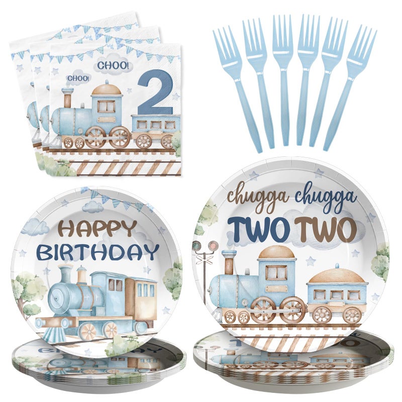 Grencian 96Pcs Chugga Chugga Two Two Birthday Party Decorations Watercolor Train 2nd Paper Plates Retro Blue Disposable Choo Choo I'm 2 Tableware Set for 2 Year Old Birthday Party Supplies, Serves 24 - Image 1