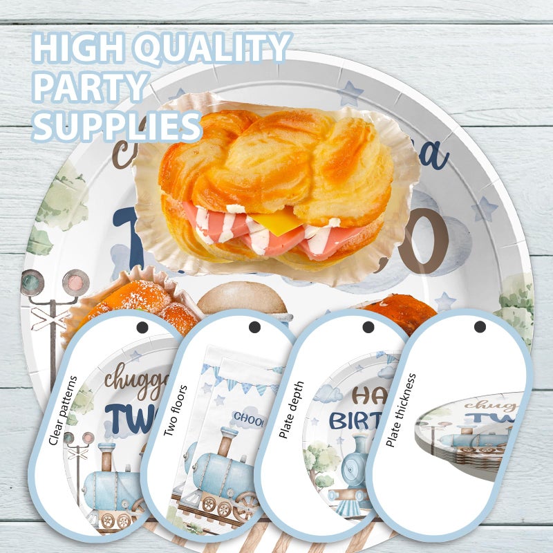 Grencian 96Pcs Chugga Chugga Two Two Birthday Party Decorations Watercolor Train 2nd Paper Plates Retro Blue Disposable Choo Choo I'm 2 Tableware Set for 2 Year Old Birthday Party Supplies, Serves 24 - Image 4