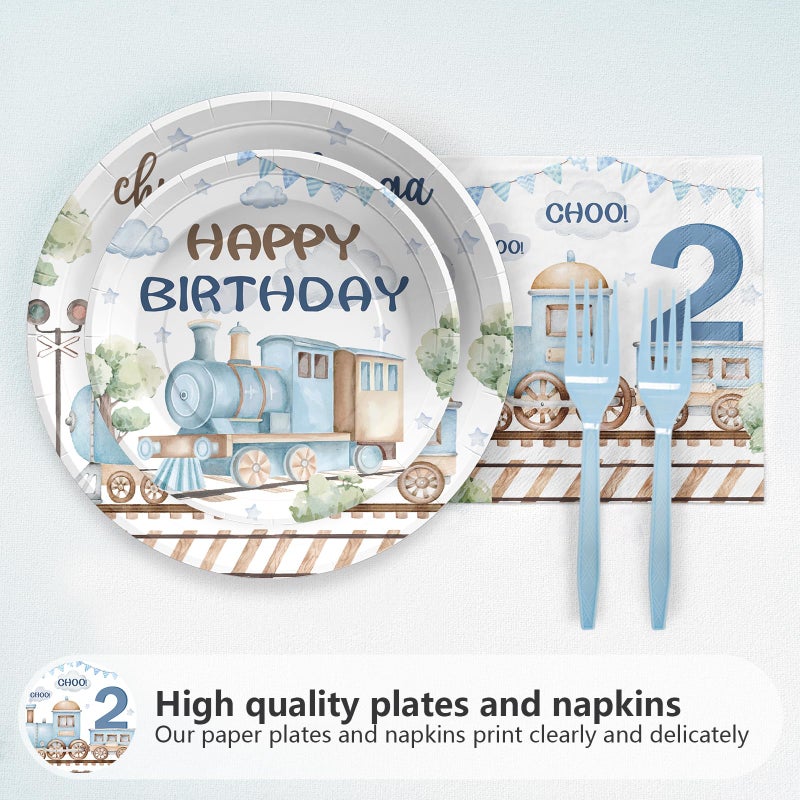 Grencian 96Pcs Chugga Chugga Two Two Birthday Party Decorations Watercolor Train 2nd Paper Plates Retro Blue Disposable Choo Choo I'm 2 Tableware Set for 2 Year Old Birthday Party Supplies, Serves 24 - Image 2